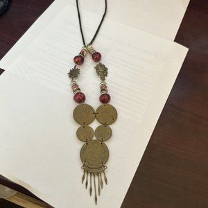 Peruvian Necklace Vintage Coins Beads Leather Metal Work Llama Eagle EUC